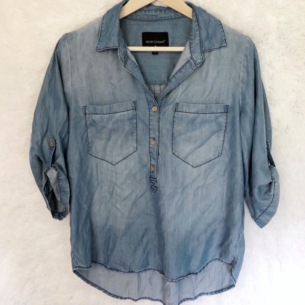 {Velvet Heart} Chambray 3/4 Sleeve Button Down